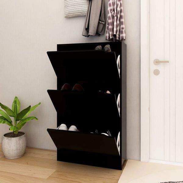 vidaXL Botník s 3 dvierkami čierny 59x24x105 cm drevotrieska