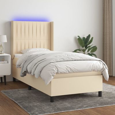 vidaXL Posteľ boxsping s matracom a LED krémová 90x190 cm látka