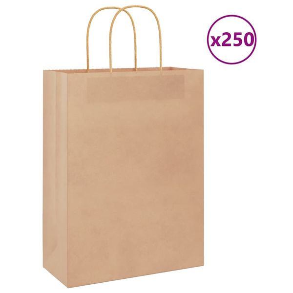vidaXL Papierové tašky 250 ks s rúčkami, hnedá, 26x12x35 cm