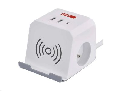 Prodlužovací kabel EMOS P0212CQ - kostka 2 m / 2 zásuvky / bílý / 2×USB-A + 1×USB-C+Qi / 1,5 mm2