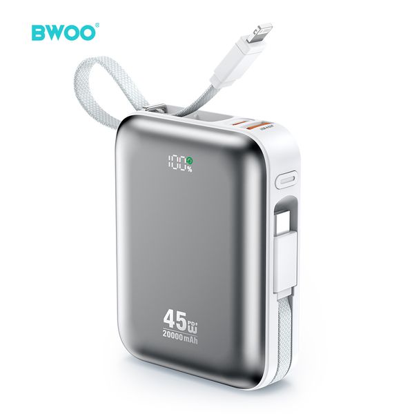 Power banka BWOO 20000mAh s rýchlym nabíjaním PD45W s 2 káblami Type C a Lightning P78 strieborná