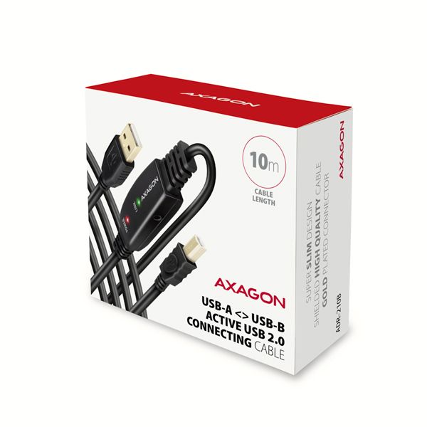 AXAGON ADR-210B, USB 2.0 A-M -> B-M aktivní propojovací / repeater kabel, 10m Kabel, propojovací, aktivný, USB 2.0, zástrčka A, zástrčka B, 10m, čierny