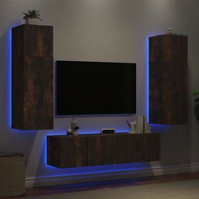 vidaXL 6-dielne TV nástenné skrinky s LED dymový dub kompozitné drevo