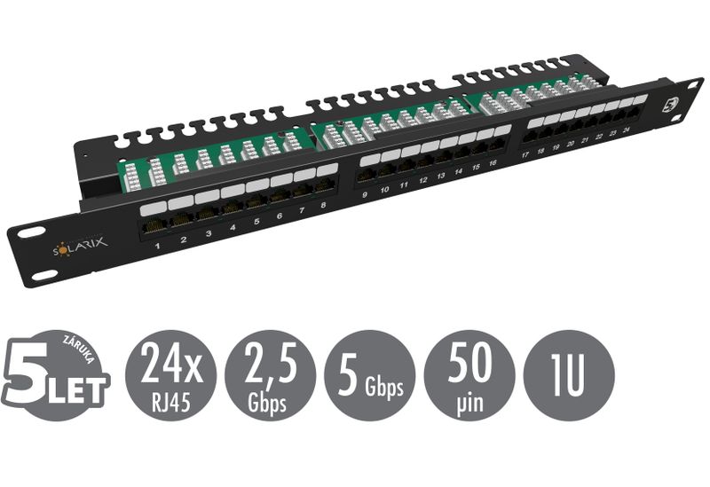 19'' patch panel Solarix 24 x RJ45 CAT5E UTP s vyväzovacou lištou 1U SX24L-5E-UTP-BK-N