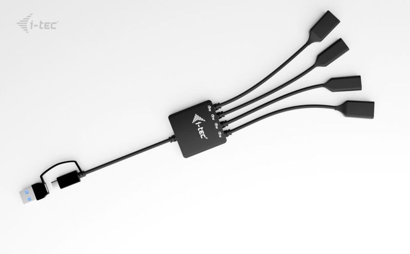 i-tec USB-C/USB-A Cable HUB 4 port (2x USB-C, 2x USB-A) USB Hub, externí, 2× USB 3.0, 2× USB-C, LED indikace, 10cm kabel, cerný