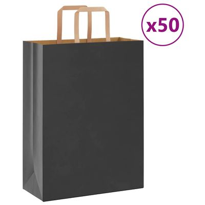 vidaXL Papierové tašky 50 ks s rúčkami, čierna, 26x12x35 cm