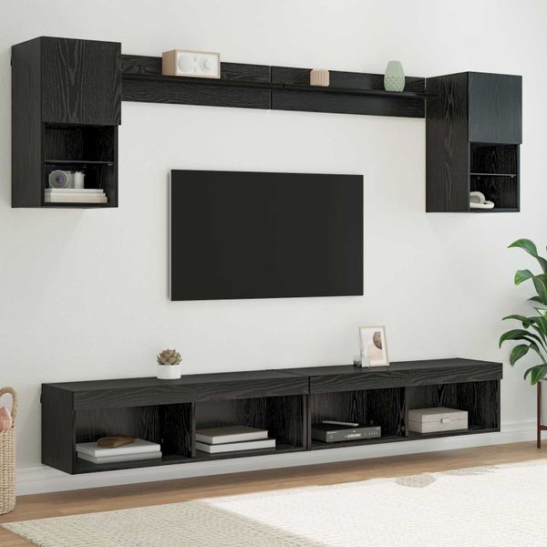 vidaXL TV nástenné jednotky s LED 6 pcs Čierny dub Kompozitné drevo