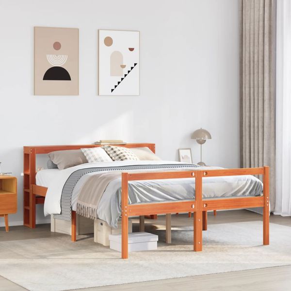 vidaXL Posteľný rám s čelom voskový hnedý 135x190 cm borovicový masív