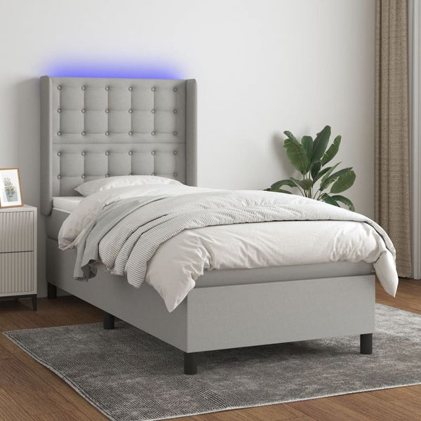 vidaXL Posteľ boxsping s matracom a LED bledosivá 90x200 cm látka