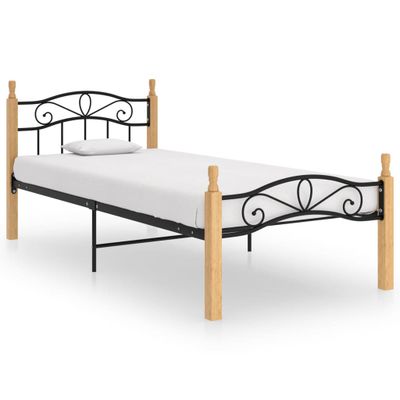 vidaXL Posteľný rám čierny kov a masívne dubové drevo 90x200 cm