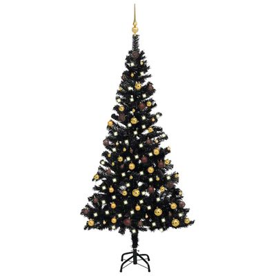 vidaXL Osvetlený umelý vianočný stromček s guľami, čierny 150 cm, PVC