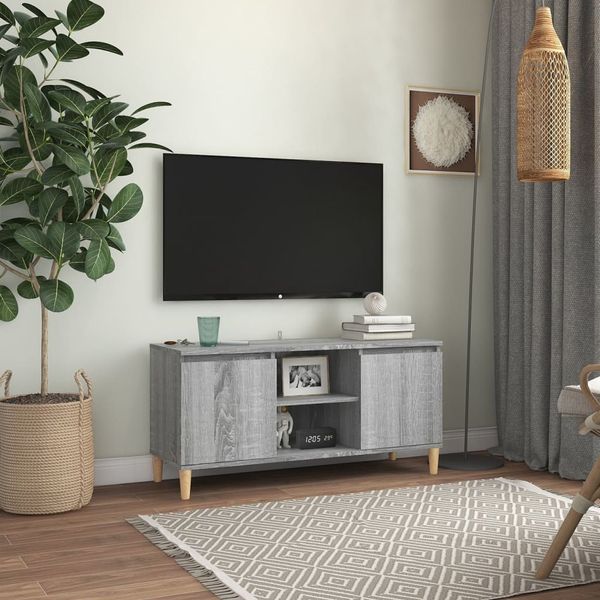 vidaXL TV stolík nožičky z masívneho dreva sivý sonoma 103,5x35x50 cm