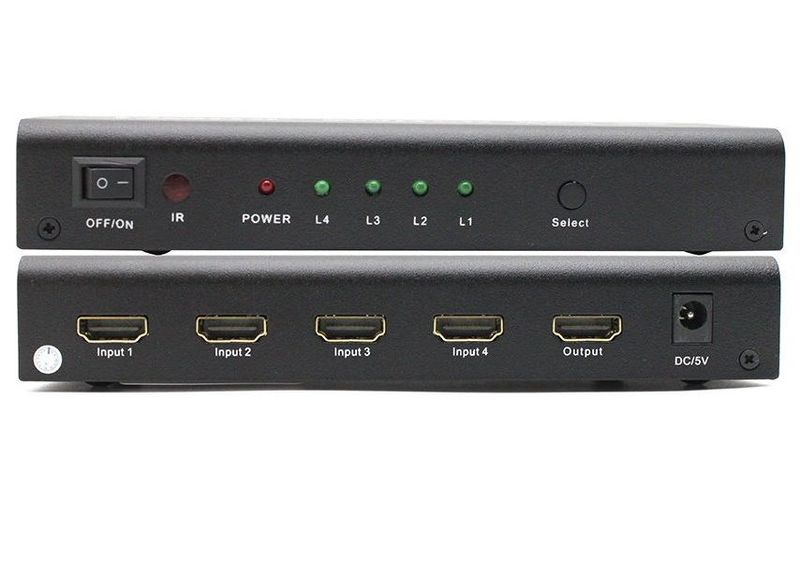 PremiumCord HDMI switch 4:1, kovový, dálkové ovl. Prepínac, switch, 4x HDMI vstup, 1x HDMI výstup, dálkové ovladání, napájecí adaptér, cerný