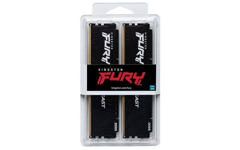 Kingston FURY Beast EXPO/DDR5/64GB/6000MHz/CL36/2x32GB/Black Operacní pamet, DDR5-6000, 64 GB kit (2× 32 GB), CL36, AMD EXPO v1.1, Intel XMP 3.0, On-Die ECC, 1,35 V, 288-pin DIMM