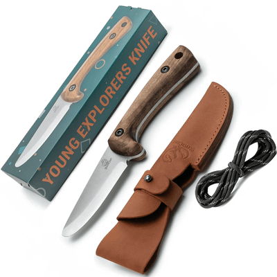 Beavercraft BSHkid Bushcraft Knife outdoorový nôž pre deti 7,5 cm, orechové drevo, kožené puzdro