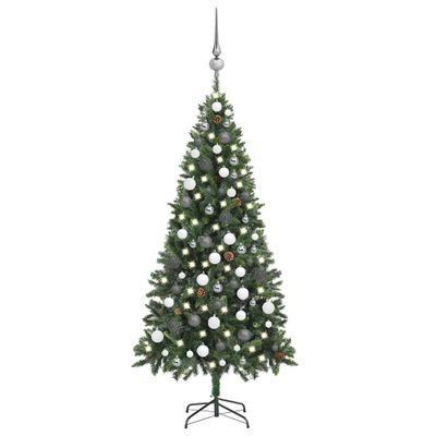 vidaXL Osvetlený umelý vianočný stromček s guľami a šiškami 180 cm