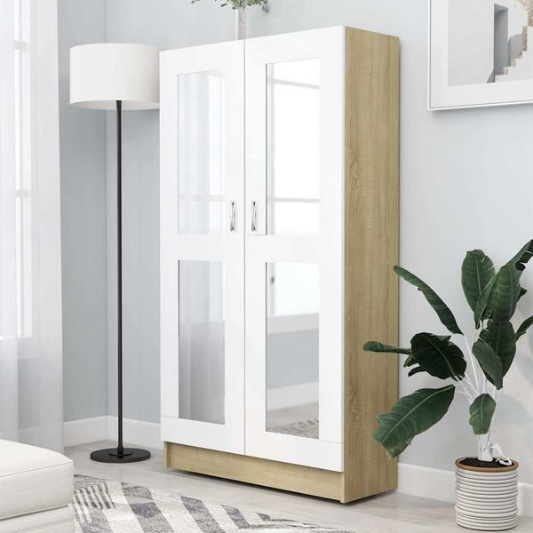 vidaXL Vitrína, biela a dub sonoma 82,5x30,5x150 cm, kompozitné drevo