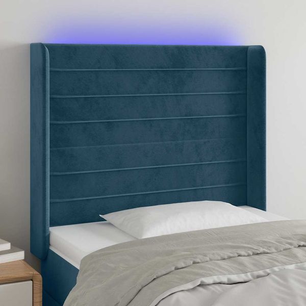 vidaXL Čelo postele s LED tmavomodré 83x16x118/128 cm zamat