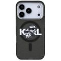 Puzdro Karl Lagerfeld Magsafe IML s trblietkami, kovový rám a tlačidlá fotoaparátu, kreslené logo Karla a Choupette pre iPhone 17 Pro čierne