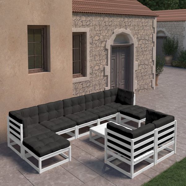 vidaXL 10-dielna záhradná súprava s podložkami biela borovicový masív