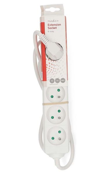 NEDIS napájacia predlžovacia zásuvka/ uhlová/ 6x zásuvka/ biela/ 1,5m