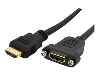 Startech 3ft HDMI samica na samec adaptér, 4K High Speed HDMI kábel na montáž do panela, 4K 30Hz UHD HDMI, 10.2 Gbps priepustnosť, 4K HDMI 1.4 video, HDCP 1.4, HDMI samica na HDMI samec kábel - HDMI konektor na montáž do panela - HDMI kábel - HDMI so zdierkami (female) do HDMI s pinmi (male) - 91 cm - čierny - lisovaný - pre P/N: CDP2HDMM2MB, DP2HDMM2MB, HDDVIMM3, HDMM1MP, HDMM2MP, HDMM3MP, HDPMM50, MDP2HDMM2MB