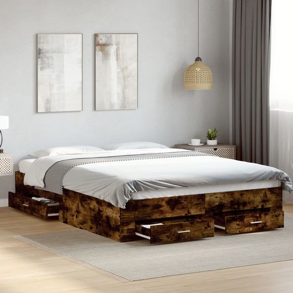 vidaXL Posteľný rám so zásuvkami dymový dub 160x200cm kompozitné drevo