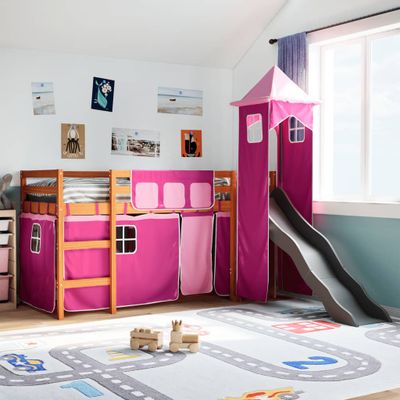 vidaXL Detská vyvýšená posteľ veža ružová 90x200 cm masívna borovica