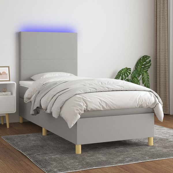 vidaXL Posteľ boxsping s matracom a LED bledosivá 100x200 cm látka