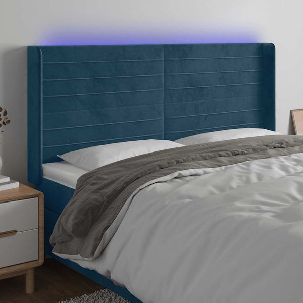 vidaXL Čelo postele s LED tmavomodré 183x16x118/128 cm zamat