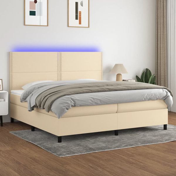 vidaXL Posteľ boxsping s matracom a LED krémová 200x200 cm látka