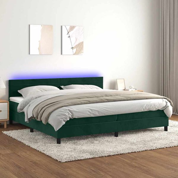 vidaXL Posteľný rám boxsping matrac a LED tmavozelený 200x200 cm zamat