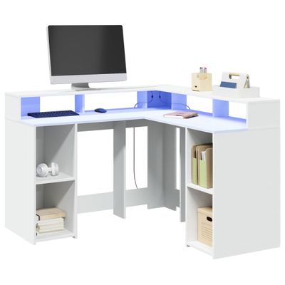 vidaXL Stôl s LED svetlami biely 130x130x91 cm kompozitné drevo