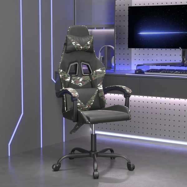 vidaXL Otočná herná stolička čierna a maskáčová umelá koža