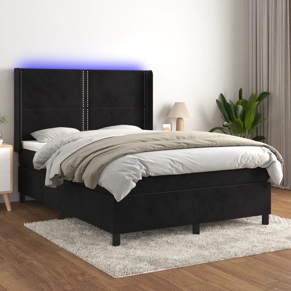 vidaXL Posteľ boxsping s matracom a LED čierna 140x190 cm zamat