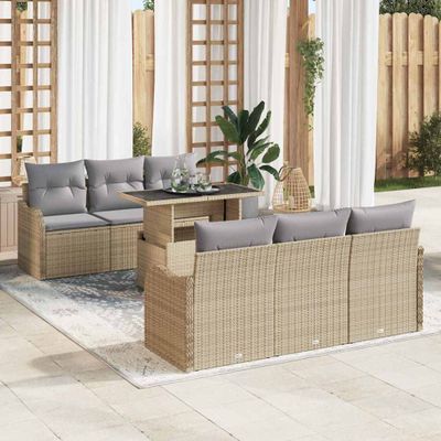 vidaXL Súprava záhradných pohoviek s vankúšom 7 pcs Béžová Poly Ratan
