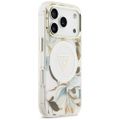 Puzdro Guess Magsafe IML Case Glitter Flowers And Triangle s kovovým rámom fotoaparátu a tlačidlami pre iPhone 17 Pro Max biela