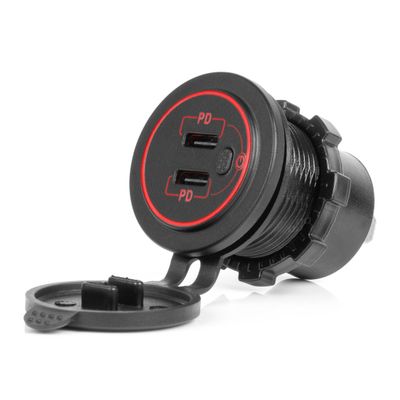 Vodotesná nabíjačka s vypínačom ČERVENÉ LED podsvietenie 2xUSB C 12/24V AMiO-04224