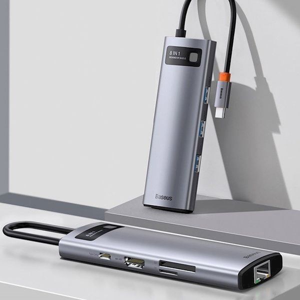 USB hub Baseus typ C multi adaptér - HDMI/USB 3.0x3/USB typ C PD/RJ45/SDreader, kovový šedý