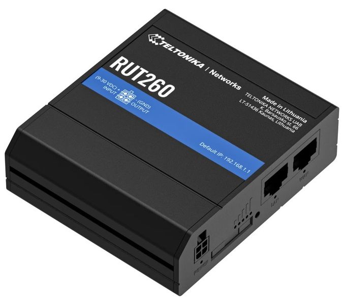 Teltonika RUT260 průmyslový router LTE CAT6 Router, prumyslový, LTE, Wi-Fi, 802.11b/g/n, 3/4G, 1× RJ-45 LAN, 1× RJ-45 WAN, DI/DO, pasivní PoE, DC 9-30V