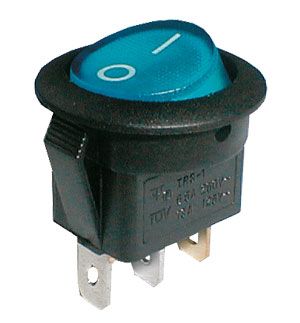 Prepínač kolískový okrúhly pros.  2pol./3pin  ON-OFF 250V/6A modrý