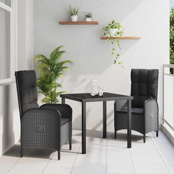 vidaXL Záhradný jedálenský set s vankúšom 3 pcs Čierna polyratan