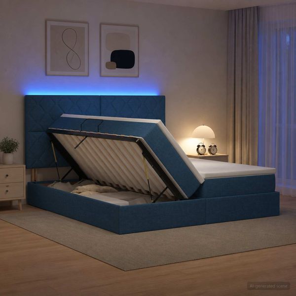 vidaXL LED úložná posteľ s matracom Modrá 200 x 200 cm Látka