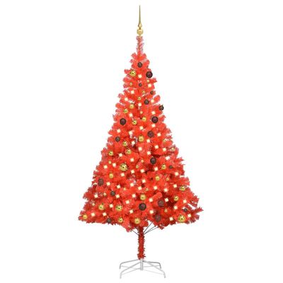 vidaXL Osvetlený umelý vianočný stromček s guľami, červený 210 cm, PVC