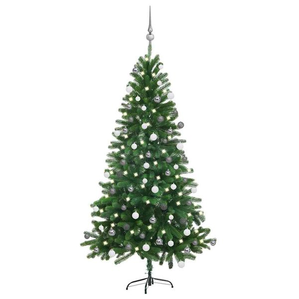 vidaXL Osvetlený umelý vianočný stromček s guľami 150 cm, zelený