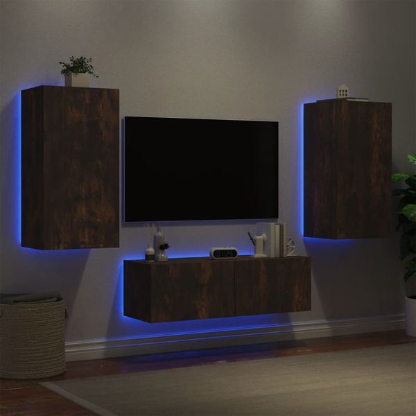 vidaXL 3-dielne TV nástenné skrinky s LED svetlami dymový dub