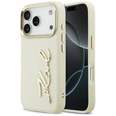 Puzdro Karl Lagerfeld z PU kože s logom Karl script a kovovými tlačidlami fotoaparátu pre iPhone 17 Pro béžová
