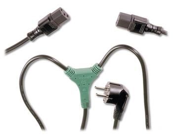 PremiumCord Kabel síťový 230V, Y-kabel přívodní M-2x F Kabel, napájecí, prodlužovací, rozdvojovací, 230V, 10A, úhlová zástrčka Schuko na 2× IEC-320-C13 (F), 1,7m, černý