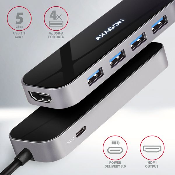 AXAGON HMC-6H4A, USB 3.2 Gen 1 hub, porty 4x USB-A, HDMI 4k/30Hz, PD 100W, kábel USB-C 20cm Dokovacia stanica, USB typ C, kompatibilný s Thunderbolt 3, 1x HDMI, 4x USB 3.0, 1x USB typ C, Power Delivery 100W