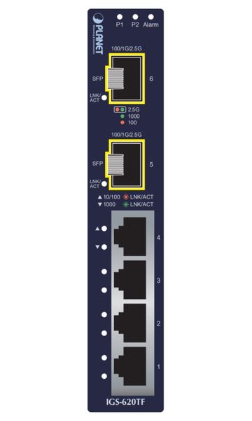 Planet IGS-620TF Průmyslový Switch 4x 10/100/1000Base-T, 2x 100/1G/2.5GBase-X SFP, -40~+75°C 4x 10/100/1000M + 2x 100/1000SFP -40~+75°C, TB napájení 12-48VDC, DIN, kovové šasi